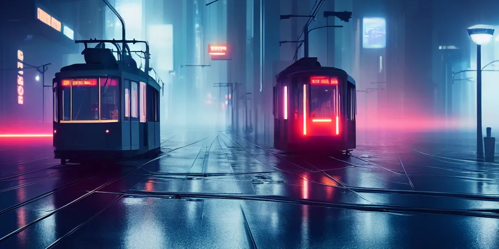 Image similar to tram on the viaduct ， foggy ， tyndall effect ， blade runner 2 0 4 9, 4 k resolution, ultra wide angle, cinematic, octane render