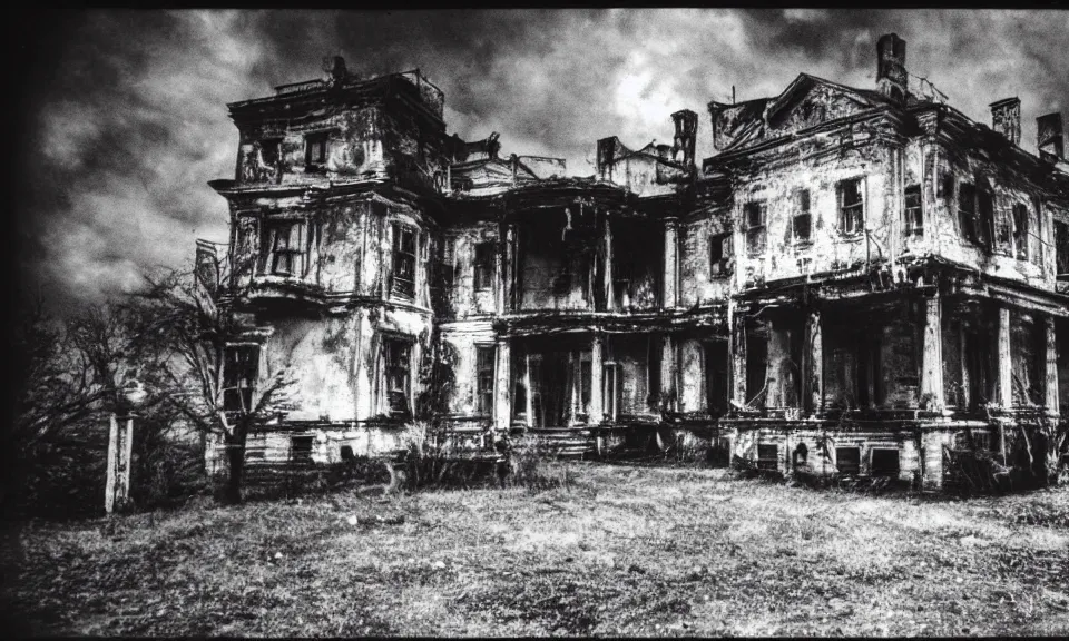 Image similar to 35mm film still, Resident evil mansion, zombie, spooky, horror, old, dirty, reversal film stock