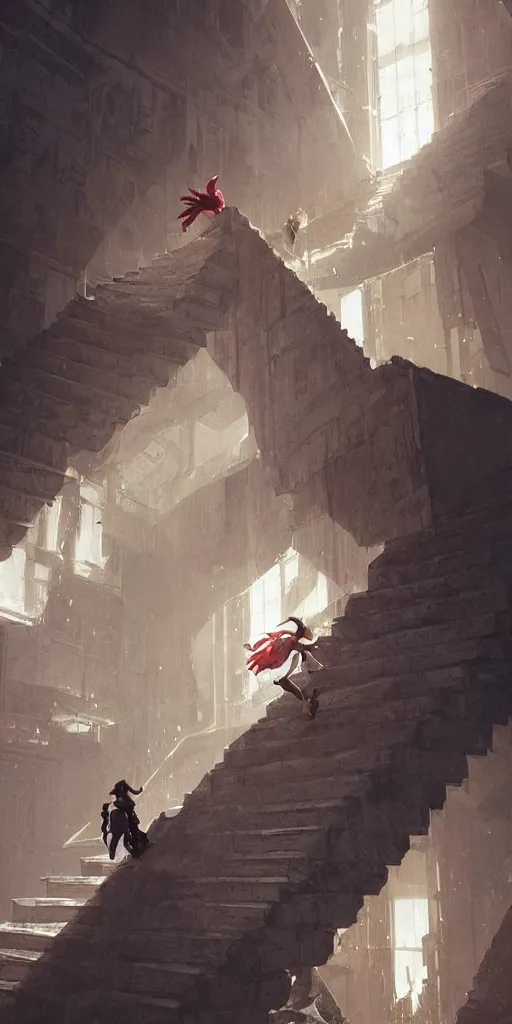 Prompt: a girl climbing an isometric endless staircase. By Tetsuya Nomura. Square Enix. By Greg Rutkowski Masterpiece, torchlit, octane