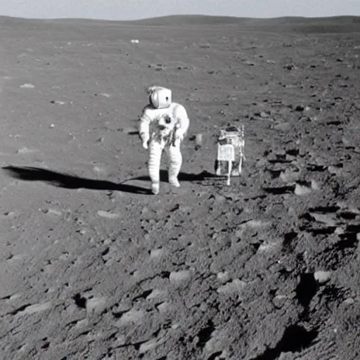 Prompt: a man without his space suit taking his dog for a walk on the moon near the human settlement