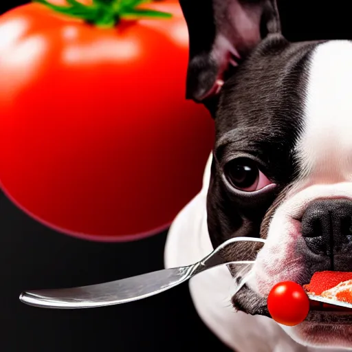 Prompt: boston terrier with a human beard eating tomato's with cheese, photorealistic, high detail, 8 k resolution