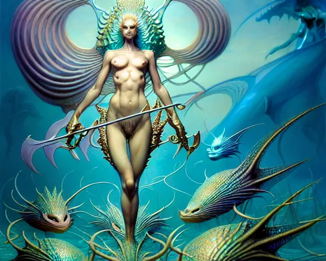 Image similar to the army of merfolk, ocean, fantasy character portrait made of fractals facing each other, ultra realistic, wide angle, intricate details, the fifth element artifacts, highly detailed by peter mohrbacher, hajime sorayama, wayne barlowe, boris vallejo, aaron horkey, gaston bussiere, craig mullins