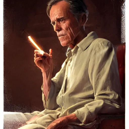 Prompt: a highly detailed epic cinematic concept art CG render digital painting artwork costume design: Henry Fonda as a 1950s tired disillusioned poet, barefoot, holding a lit cigarette. volumetric lighting. By Greg Rutkowski, in the style of Francis Bacon and Syd Mead and Norman Rockwell and Beksinski, open ceiling, highly detailed, painted by Francis Bacon and Edward Hopper, painted by James Gilleard, surrealism, airbrush, Ilya Kuvshinov, WLOP, Stanley Artgerm, very coherent, triadic color scheme, realistic facial expression, art by Takato Yamamoto and James Jean