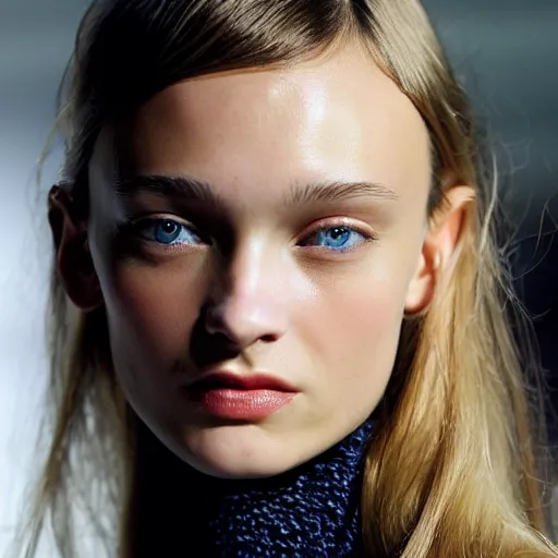 Image similar to A beautiful portrait of Daria Strokous as a model at Chanel fashion show as a model Spring/Summer 2010, highly detailed, in the style of cinematic, Milan fashion week backstage, Extreme close up, Makeup by Pat McGrath, Hair by Guido Palau