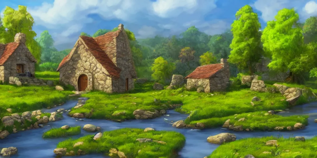 Image similar to a serene landscape with a small medieval stone house near a river in the style of Pixar, anime style, low saturation, high quality, highly detailed, 4k, complementary colours, cartoon