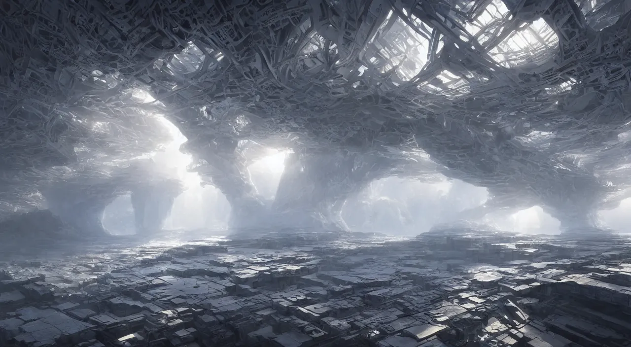 Prompt: a cellular tectonic biological crystallographic bridging megastructure architecture, by glenn small, by albert bierstadt, by sparth, photorealistic, zaha hadid, god rays, volumetric lighting, detailed, extremely intricate, raytrace, octane, light fog, keyshot