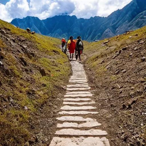 Image similar to POV: walking a dirt path in the tibetan mountains, bordering a cliff, manga art