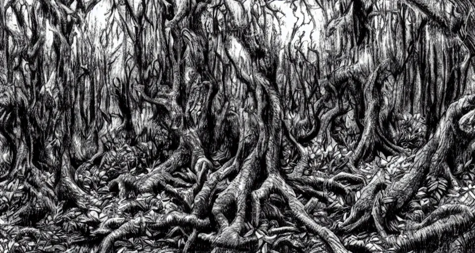 Image similar to A dense and dark enchanted forest with a swamp, from Berserk