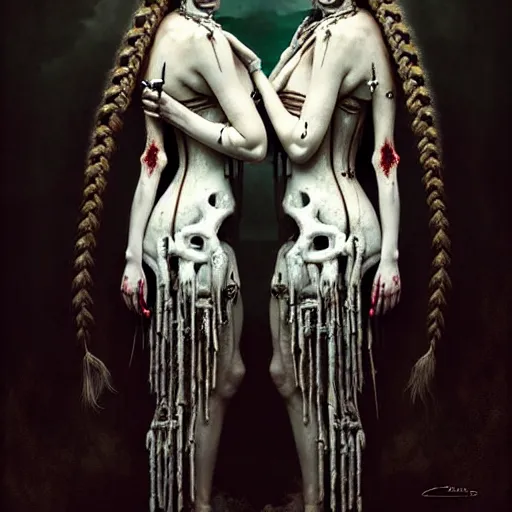 Prompt: a very beautiful painting of twin sisters, undead, white braids, decaying face, dress made of bones, jewellery, digital painting, realism, extreme detail, cinematic lighting, by charles amable lenoir