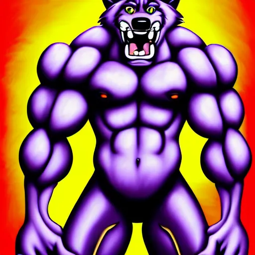 Image similar to painting of an anthropomorphic bulky muscular purple wolf, furry style, wearing jeans, deviant art, fursona, professional furry drawing, insanely detailed, bulky wolf - like face with dragon features, doing a pose from jojo's bizarre adventure, detailed veiny muscles, exaggerated features, beautiful shading, huge teeth, grinning, colorful background