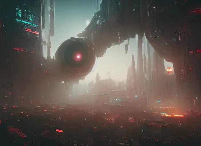 Image similar to a futuristic city with a giant lovecraftian cthulu eye in the center, cyberpunk art by neil blevins, cgsociety, fantasy art, dystopian art, cryengine, redshift vibes