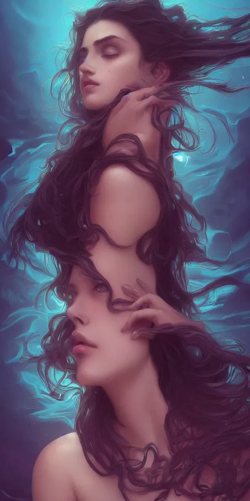 Image similar to haunting beautiful young woman, detailed photo realistic gorgeous face turning waves, dark, ominous, sad eyes, glowing hue of teal, vaporwave aesthetic, synthwave , digital painting, artstation, concept art, smooth, sharp focus, illustration, art by artgerm and greg rutkowski and alphonse mucha