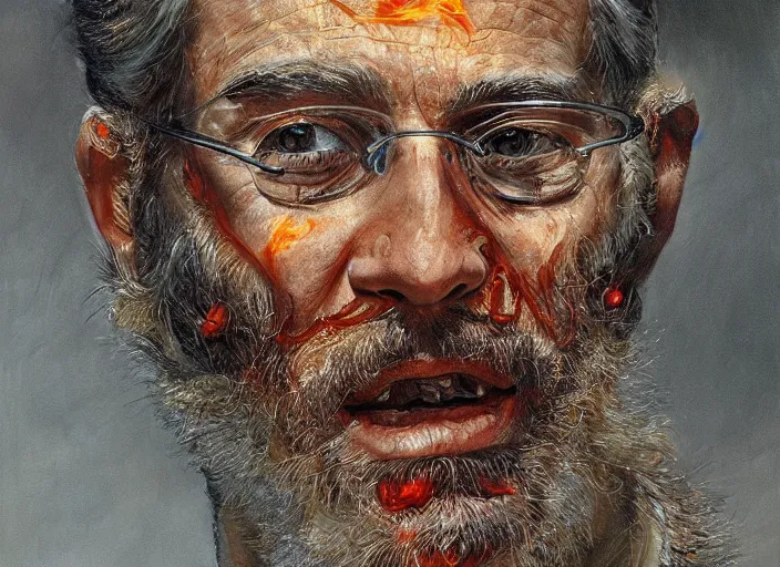 Image similar to a highly detailed flaming portrait of a dentist, james gurney, james jean