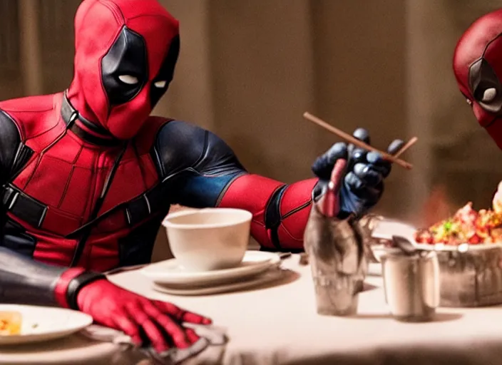 Image similar to film still of Deadpool having a romantic dinner with Spiderman in the new Deadpool movie, 4k