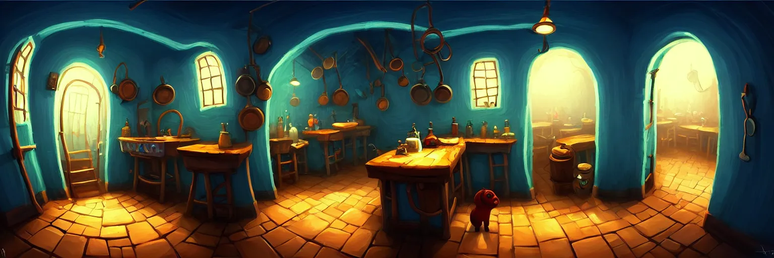 Prompt: underground, basement, fisheye spiral, naive, extra narrow, detailed illustration of a tavern kitchen, large floor, dimly lit by rhads from lorax movie, trending artstation, dark blue vines