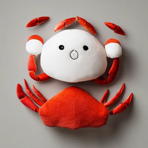 Image similar to a very soft stuffed animal in the shape of a crab, product photography