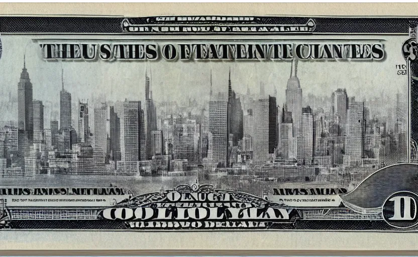 Prompt: rectangular photograph of two hundred dollar u. s. currency note featuring new york city skyline