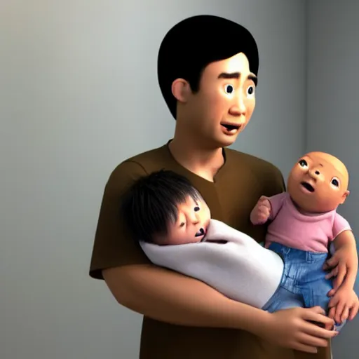 Image similar to shocked asian man holding african baby at hospital, he can ’ t believe his eyes, award winning art, pixar, 3 d render, unreal engine