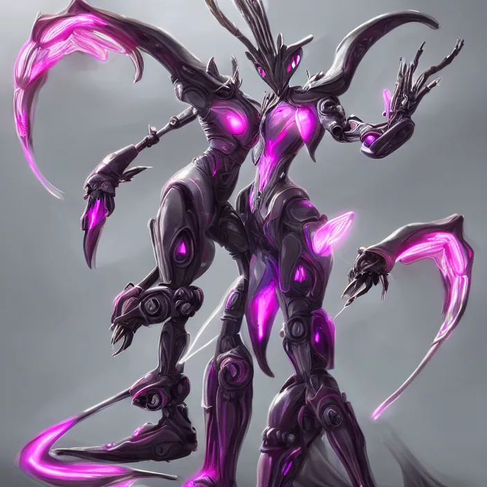 Image similar to highly detailed exquisite fanart, of a beautiful female warframe, but as a stunning anthropomorphic robot female dragon, standing elegantly, shining reflective off-white plated armor, bright Fuchsia skin, sharp claws, full body shot, epic cinematic shot, realistic, professional digital art, high end digital art, DeviantArt, artstation, Furaffinity, 8k HD render, epic lighting, depth of field