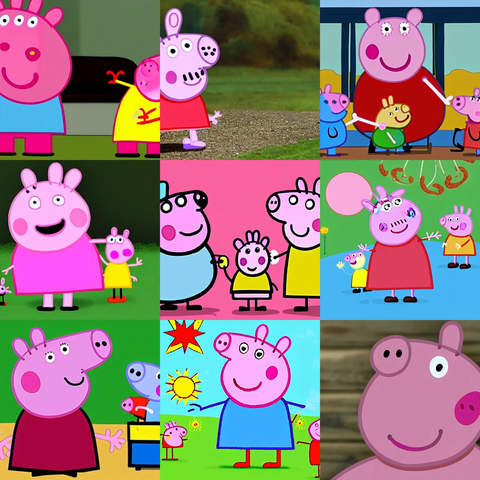 Prompt: peppa pig frowning at happy peppa pig