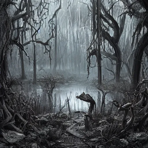 Prompt: mystical magic school in haunted swamp surrounded by dense forest with vines, creepy ambiance, desaturated, highly detailed, sharp focus, by artgerm, cgsociety