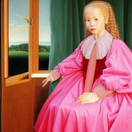 Image similar to beautiful blonde princess in pink dress, hyperrealism oil painting, jan van eyck