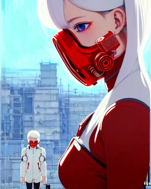 Image similar to white haired cyborg girl wearing a gas mask and red dress | | audrey plaza, fine detail!! anime!! realistic shaded lighting!! poster by ilya kuvshinov katsuhiro otomo ghost - in - the - shell, magali villeneuve, artgerm, jeremy lipkin and michael garmash and rob rey