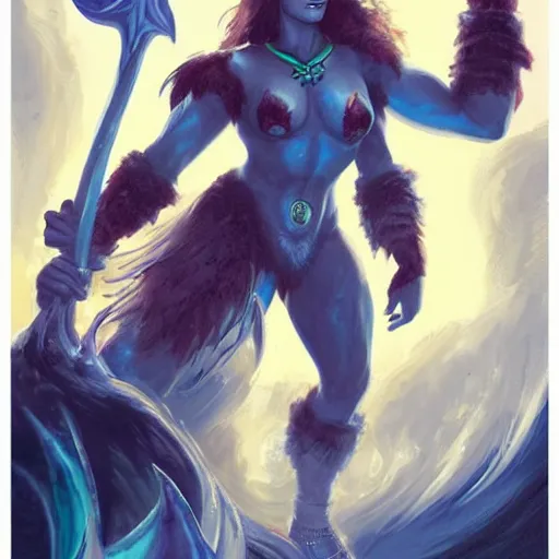 Prompt: triton girl having a great time riding on a goliath's shoulders, dnd concept art, painting by ross tran, blue-skinned triton, fur-clad barbarian goliath