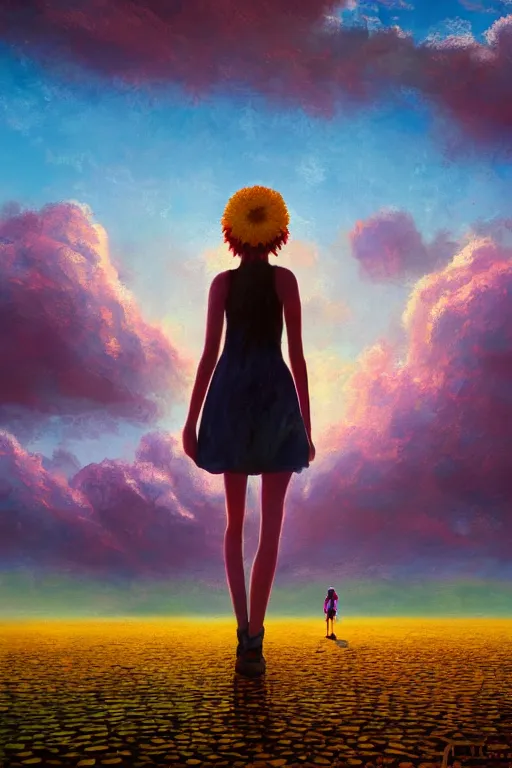 Image similar to giant daisy flower head, girl walking on salt flats mountains, surreal photography, sunrise, dramatic light, impressionist painting, colorful clouds, digital painting, artstation, simon stalenhag