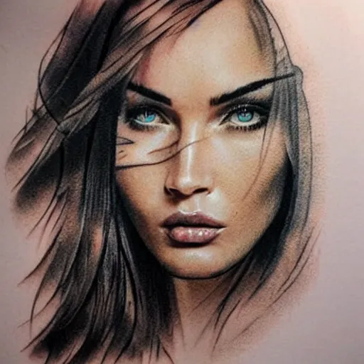 Image similar to hyper realism tattoo sketch of megan fox face professional double exposure art with beautiful mountain scenery, in the style of matteo pasqualin, amazing detail, sharp, faded