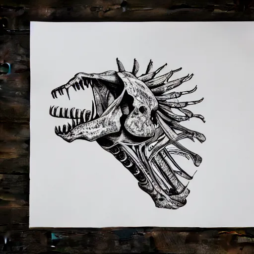 Prompt: dinosaur whole head skeleton outline, black ink on white paper