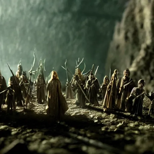 Image similar to claymation action shot of the council of the ring, lotr, dramatic lighting, creepy, dslr, tilt shift, extremely textured, realistic hyper detailed