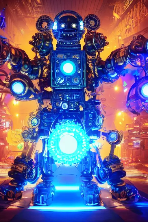 Image similar to portrait photo of a giant huge golden and blue metal futuristic steampunk robot covered with multicolored big gears and tubes, eyes are glowing red lightbulbs, robot plays on a huge electric steampunk guitar, shiny crisp finish, 3 d render, 8 k, insaneley detailed, fluorescent colors, background is multicolored lasershow