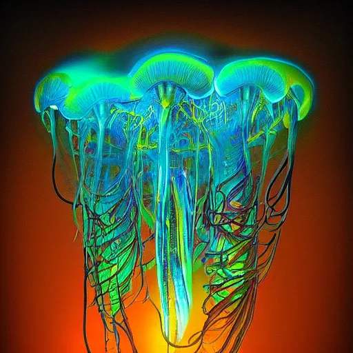 Image similar to bioluminescent, ocean, jelly fish, by karol bak, light art, bokeh, wide angle, colorful, neon, electric colors, dark