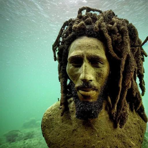 Prompt: Award-winning photograph by Mar Mann. The photo depicts a decaying roman bust of Bob Marley overgrown with moss at the bottom of the sea in the middle of ruins of civilization. Minimalism, high definition, perfect composition. Deep sea picture. Very dark. Volumetric Lighting. Fish. Darkness. Ruins