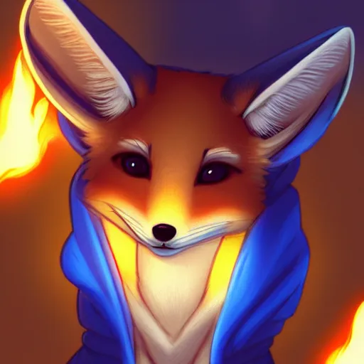 Image similar to furaffinity furry art of an anthro fennec character holding fireballs and wearing a blue sweatshirt, digital painting, detailed, cute, big eyes