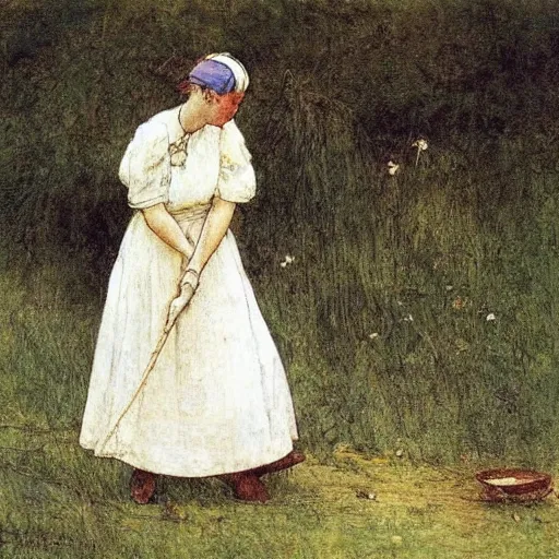 Image similar to a woman wearing a white dress fishing, by Carl larsson