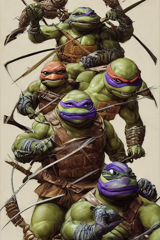 Image similar to portrait of a ninja turtles across the ages l, frazetta themed, in style of Valentin Serov, in style of Ruan Jia, insanely detailed and intricate, golden ratio, elegant, ornate, luxury, elite, matte painting, cinematic, cgsociety, James jean, Brian froud, ross tran, Laputa
