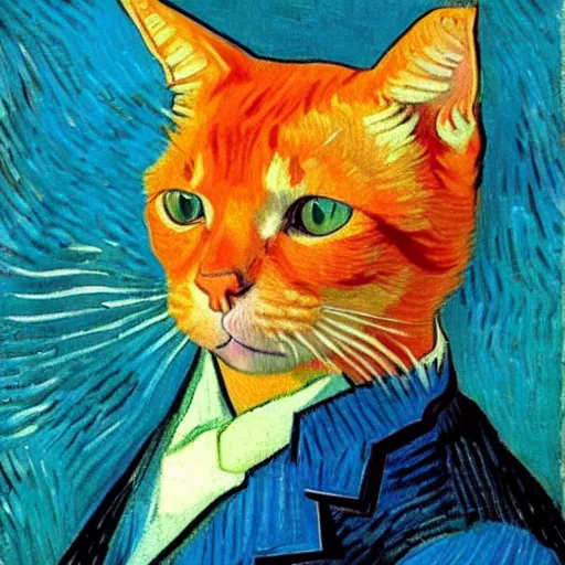 Image similar to a portrait of a ginger orange cat, wearing a light blue suit, by Vincent Van Gogh