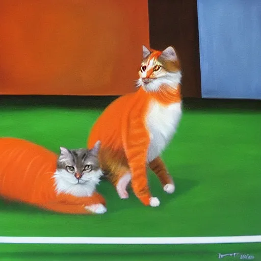 Image similar to Twee katten spelen tafeltennis voor oranje achtergrond, oil painting