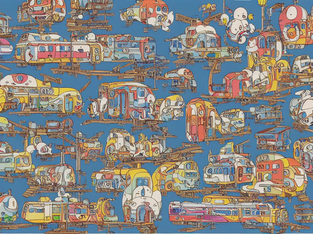 Image similar to colorful blueprint sideview of a anime train, illustration, concept art, autumn light, colorful, beautiful, studio ghibli, hayao miyazaki, takashi murakami, manga, cute and adorable