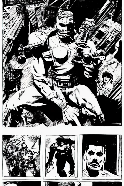 Prompt: david guretta, doing a heroic pose, a page from cyberpunk 2 0 2 0, style of paolo parente, style of mike jackson, adam smasher, johnny silverhand, 1 9 9 0 s comic book style, white background, ink drawing, black and white