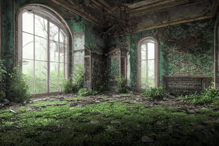 Image similar to ruined, abandoned polish mansion, seen from inside and overgrown by plants. First light of day falls through the broken windows. Dirt, leaves on ground. Octane render. Substance painter. Zbrush. Trending on artstation. 8K. Highly detailed.