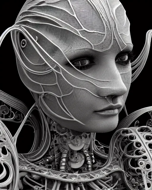 Image similar to mythical black and white organic bio-mechanical spinal ribbed profile face portrait detail of mechanical beautiful female angelic-vegetal-cyborg, highly detailed, intricate steampunk ornate, poetic, 3D render, digital art, octane render, 8K artistic photography, photo-realistic, by Dora Maar