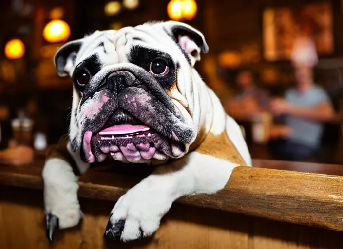 Image similar to a closeup, 4 5 mm, detailed photograph of a english bulldog drinking a beer on a bar - stool, sitting at a bar on a bar - stool, beautiful low light, 4 5 mm, by franz lanting