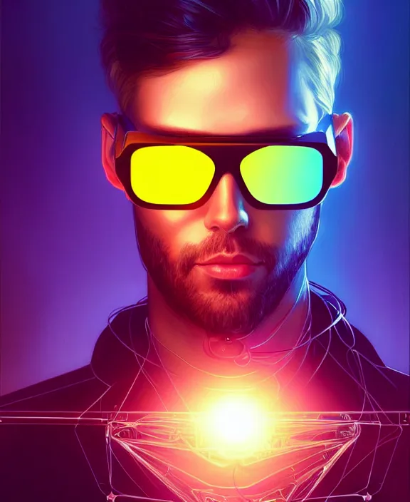 Prompt: a whirlwind inside the metaverse, guy, male, man, sunglasses, science, hologram, half body, neurochip, android, cyborg, cyberpunk face, by loish, d & d, fantasy, intricate, elegant, highly detailed, colorful, digital painting, artstation, concept art, art by artgerm and greg rutkowski and alphonse mucha