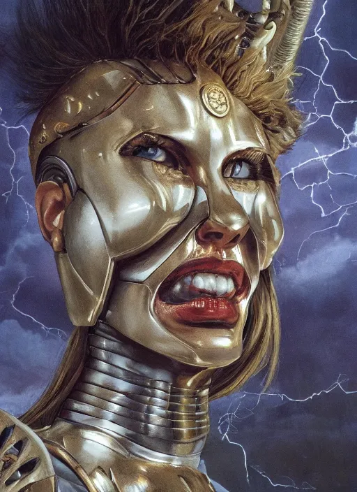 Prompt: symmetry!!! closeup portrait of a biblical diabolical wild hunter girl, fashon golden cyborg armor, in clouds, strong studio lights, thunder, rain! storm, sunset, by gerald brom, by mikhail vrubel, by peter elson, high contrast, muted colors, extreme detail, mirrors, trending on artstation, 8 k