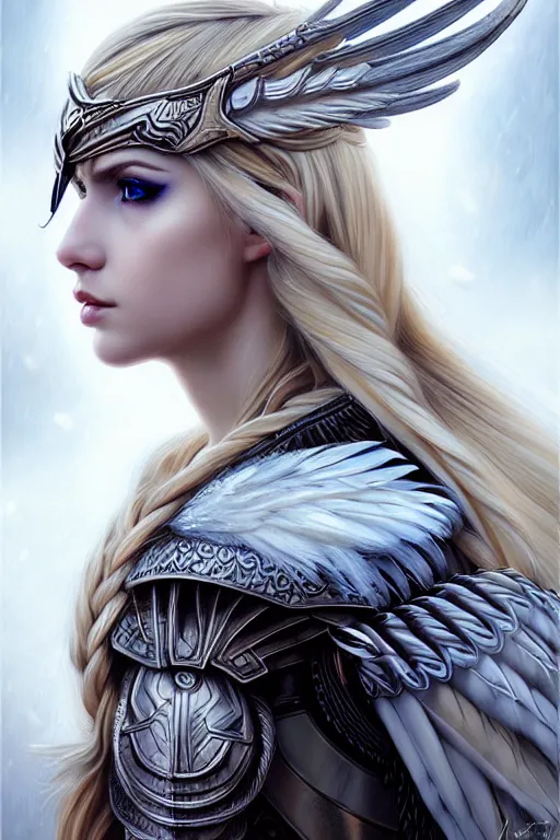 Prompt: artistic portrait of a stern and striking valkyrie with white feathered wings, wearing armor, feathered wings, perfect fit body, long blonde braided hair, beautiful eyes and lips, winter setting, art by artgerm and wlop and brom, highly detailed, 8 k, cinematic, mist, digital painting, sharp focus, illustration, masterpiece