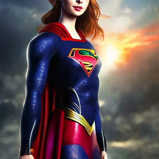 Image similar to a potrait of Lily Collins as Supergirl with man of steel suit style by Greg Rutkowski, Sung Choi, Mitchell Mohrhauser, Maciej Kuciara, Johnson Ting, Maxim Verehin, Peter Konig, 8k photorealistic, cinematic lighting, HD, high details, dramatic, trending on artstation, full body shot