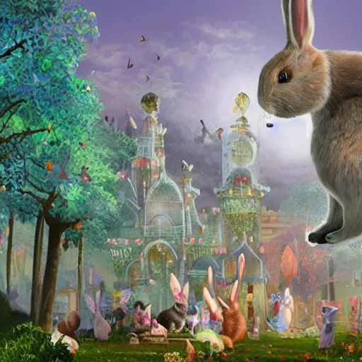 Prompt: a fantasy city with giant bunnies